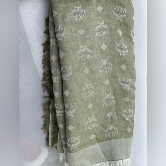 MCM Khaki Green Logo Patterned Scarf 100% cotton - Picture 2 of 4